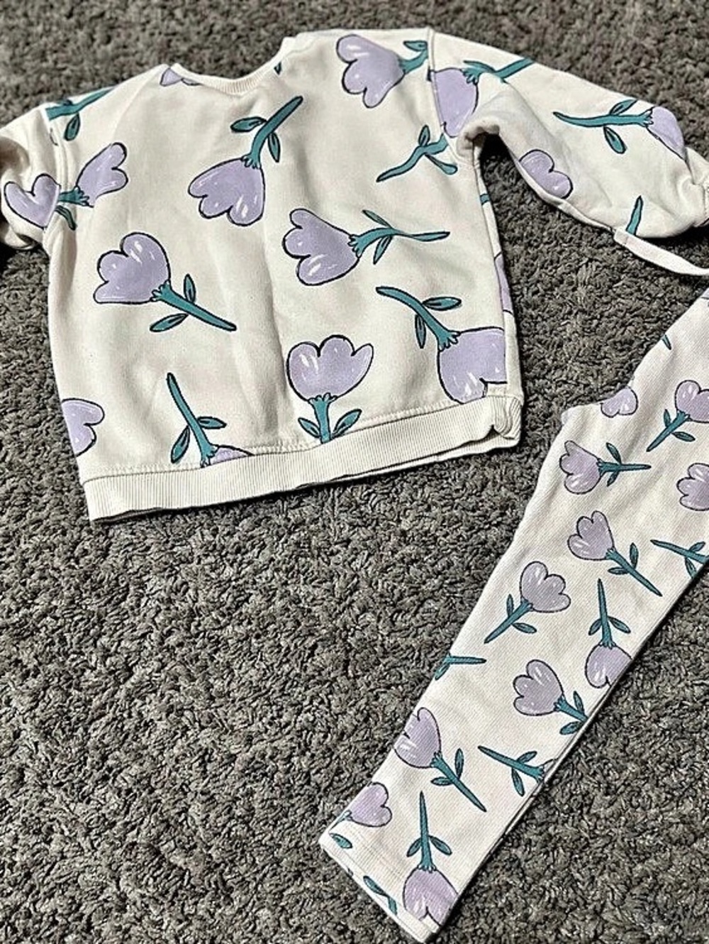 Zara Cream/Purple Tulip Baby Fleece Tops and Leggings Set Floral Matching Set in